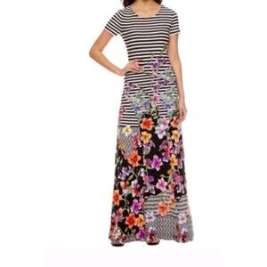 Trulli Bold Floral Stripe Maxi Dress Size L Black White Colorful Garden Print...
